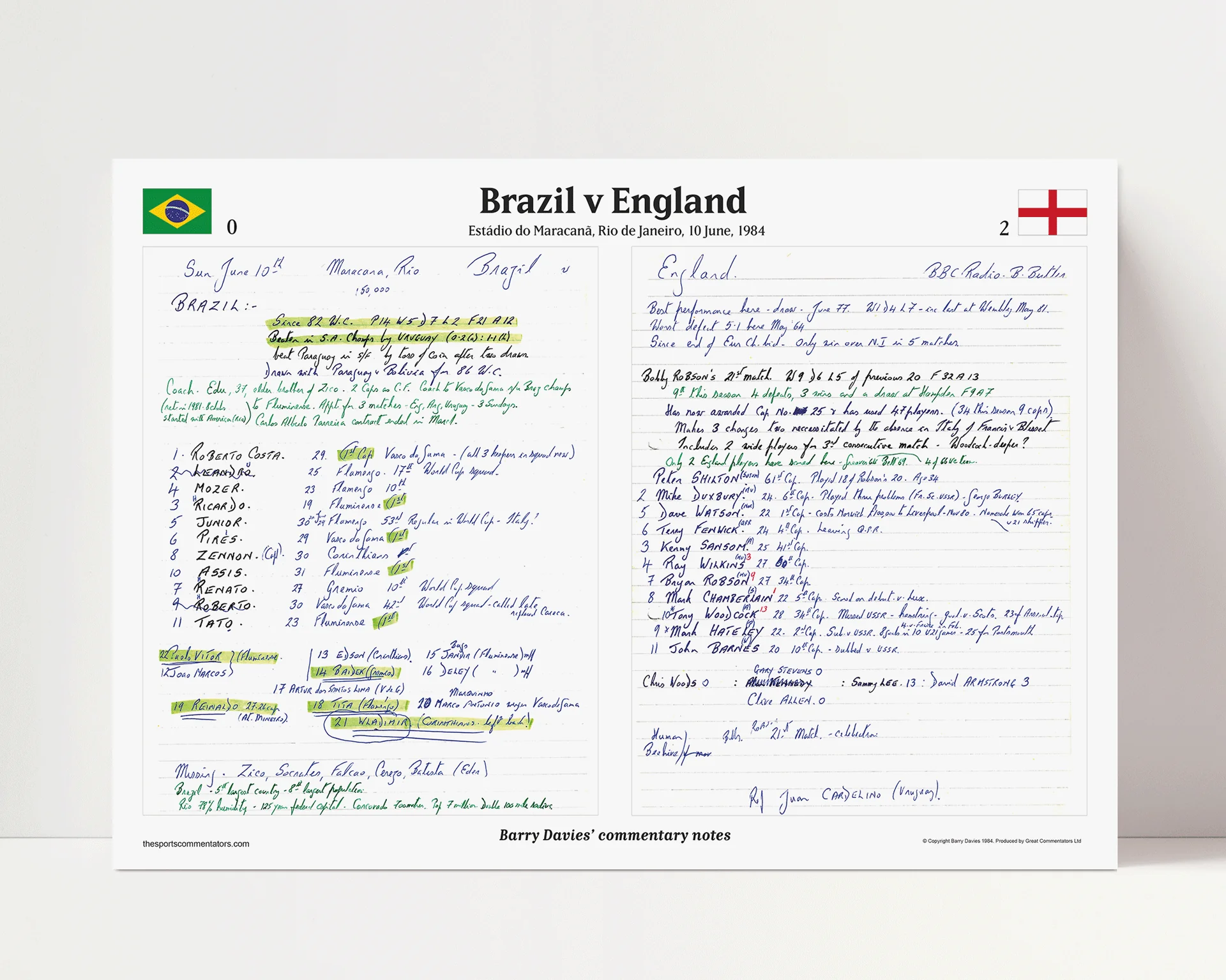 FOOTBALL Brazil v England, Estádio Maracanã, Rio de Janeiro, 10 June, 1984 . Barry Davies - Image 6